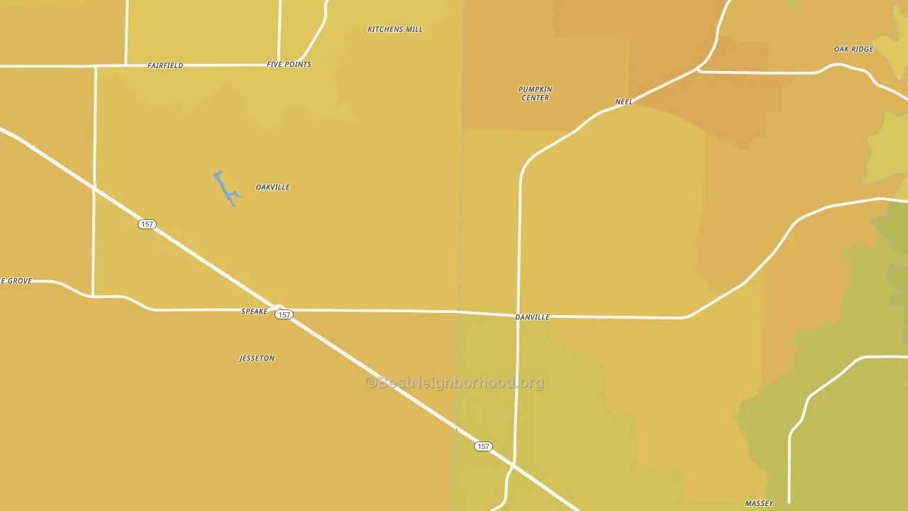 Map of the best neighborhoods in the 35619 area, with better matches in green and worse matches in red