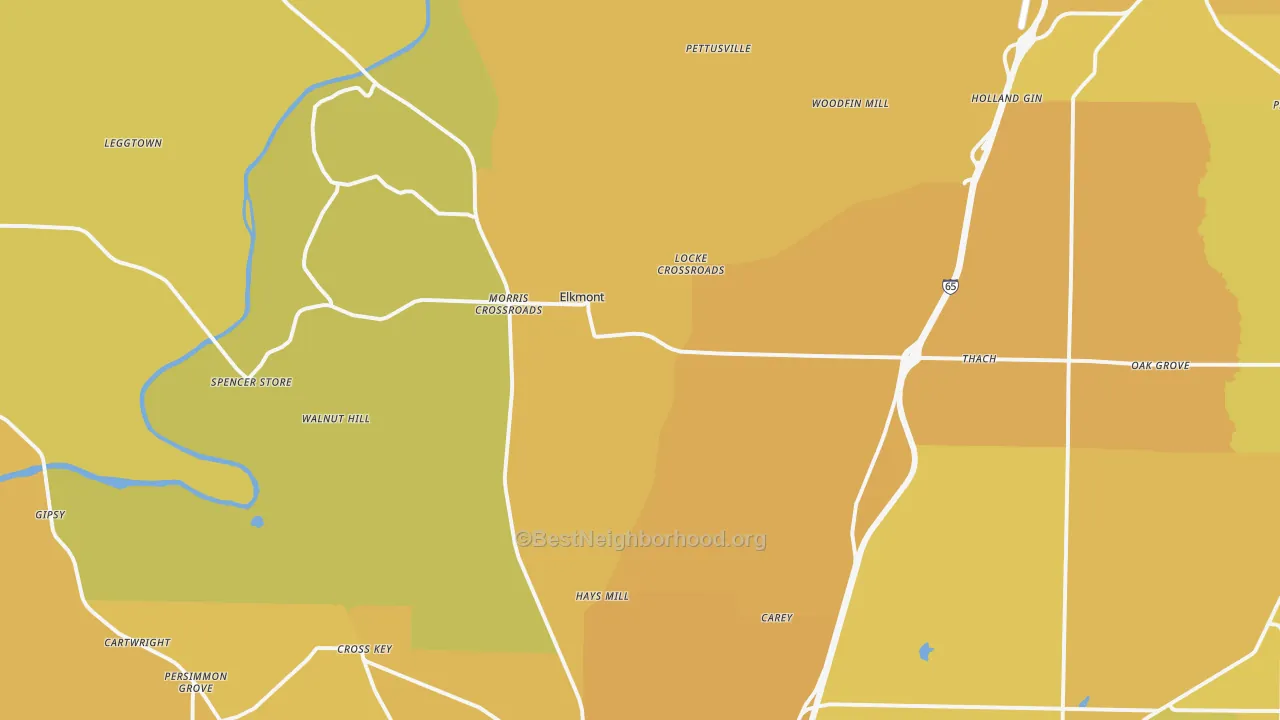 Map of the best neighborhoods in the 35620 area, with better matches in green and worse matches in red