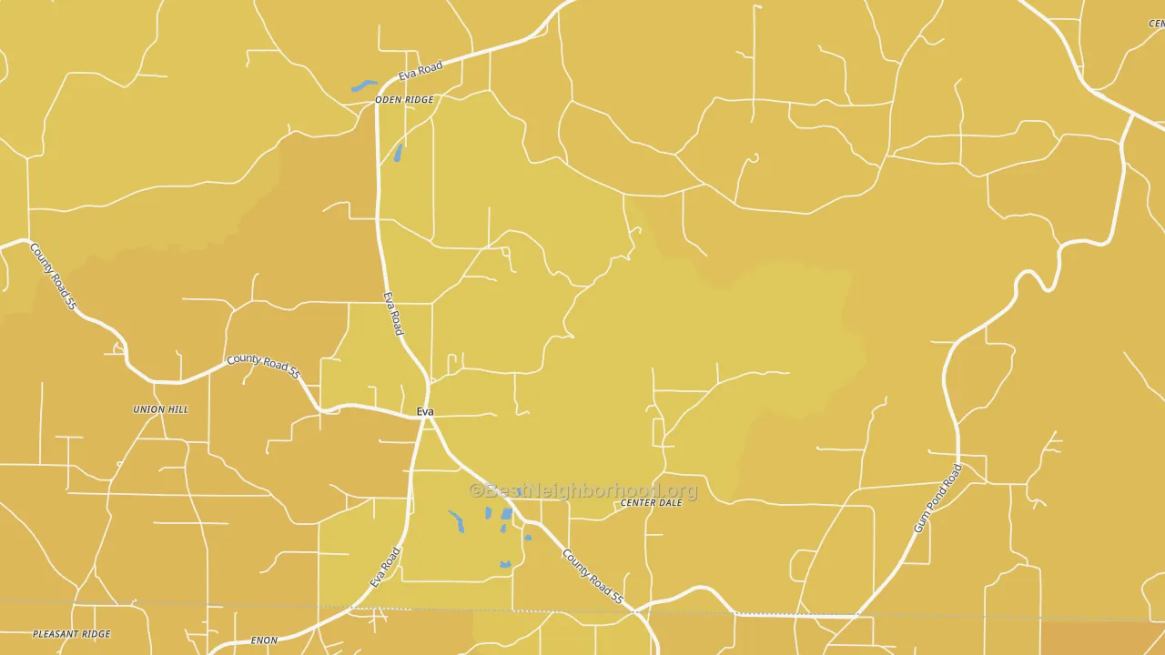 Map of the best neighborhoods in the 35621 area, with better matches in green and worse matches in red