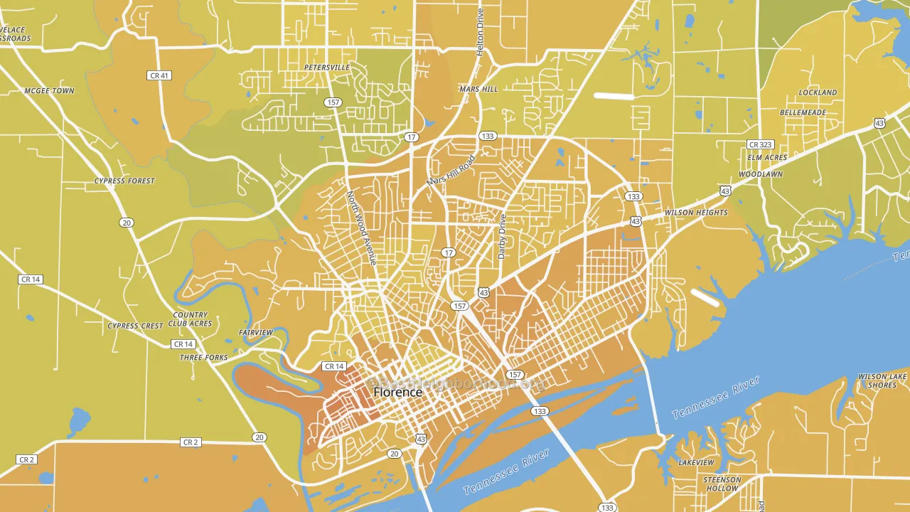 Map of the best neighborhoods in the 35630 area, with better matches in green and worse matches in red