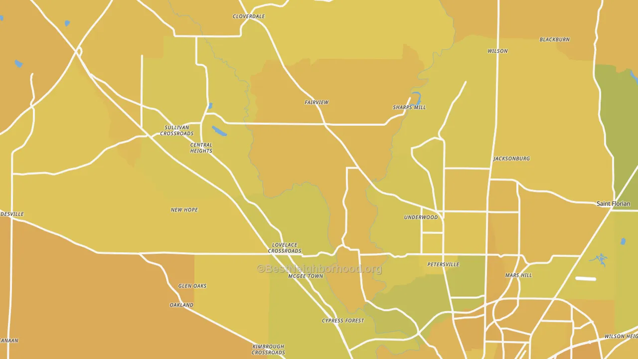 Map of the best neighborhoods in the 35633 area, with better matches in green and worse matches in red