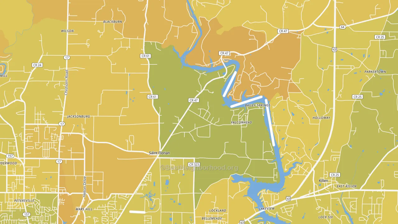 Map of the best neighborhoods in the 35634 area, with better matches in green and worse matches in red