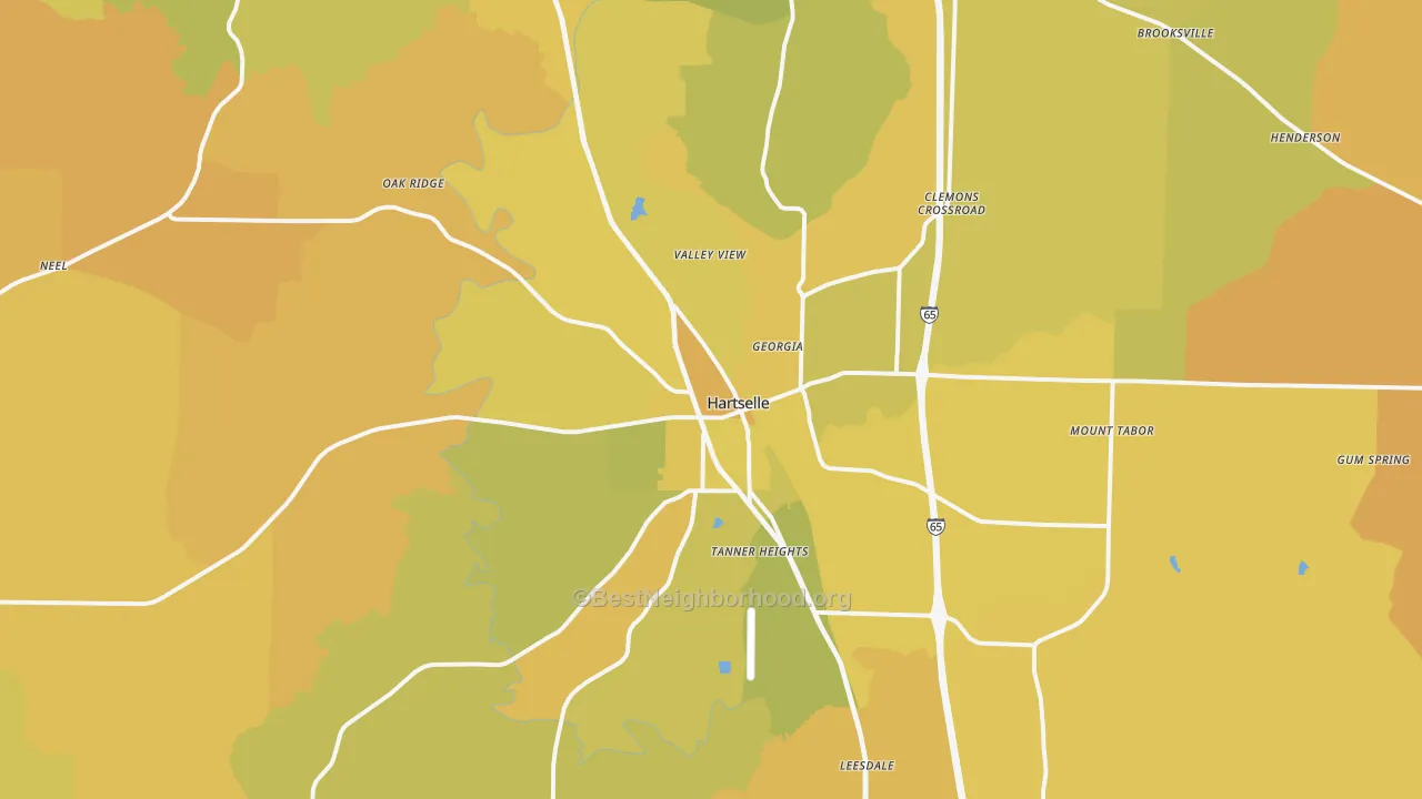 Map of the best neighborhoods in the 35640 area, with better matches in green and worse matches in red