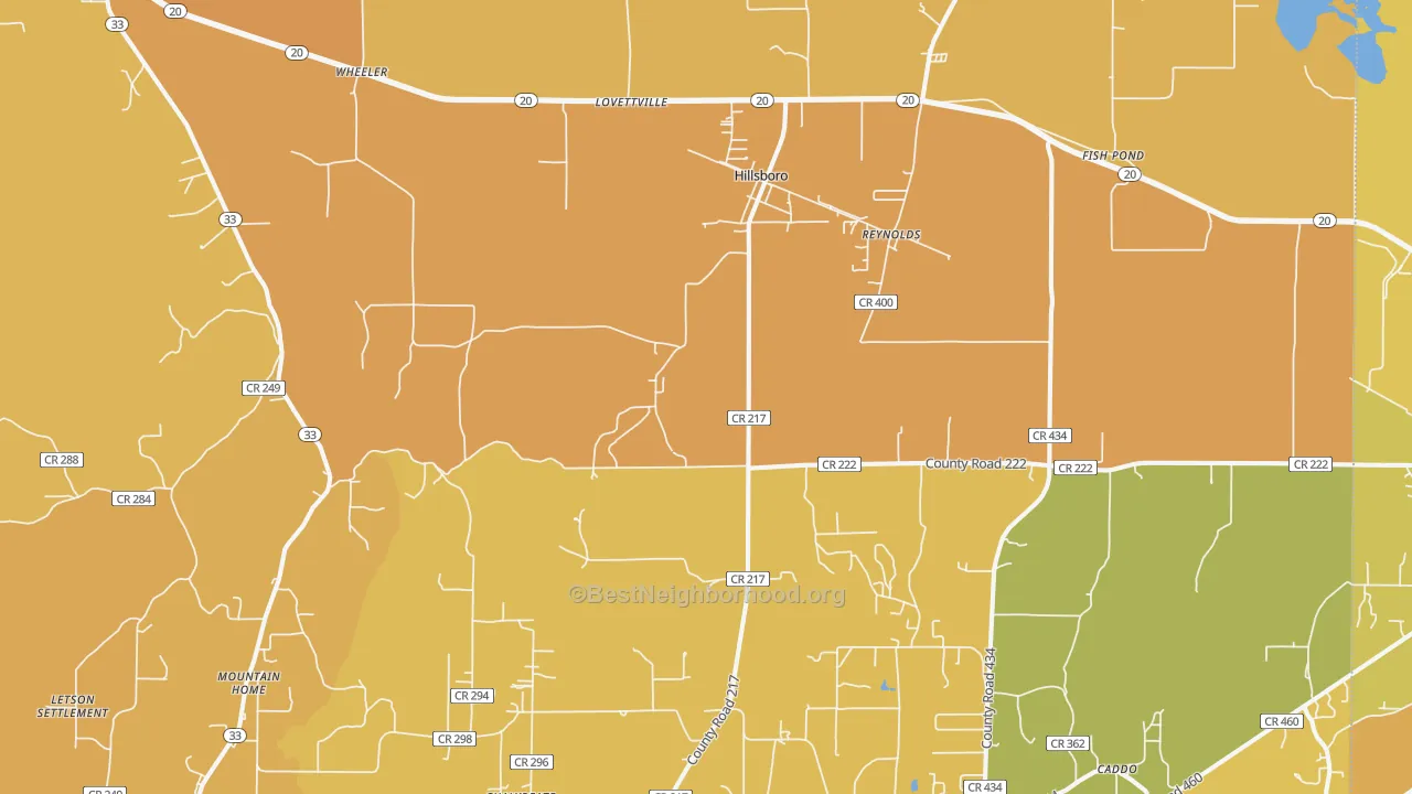 Map of the best neighborhoods in the 35643 area, with better matches in green and worse matches in red