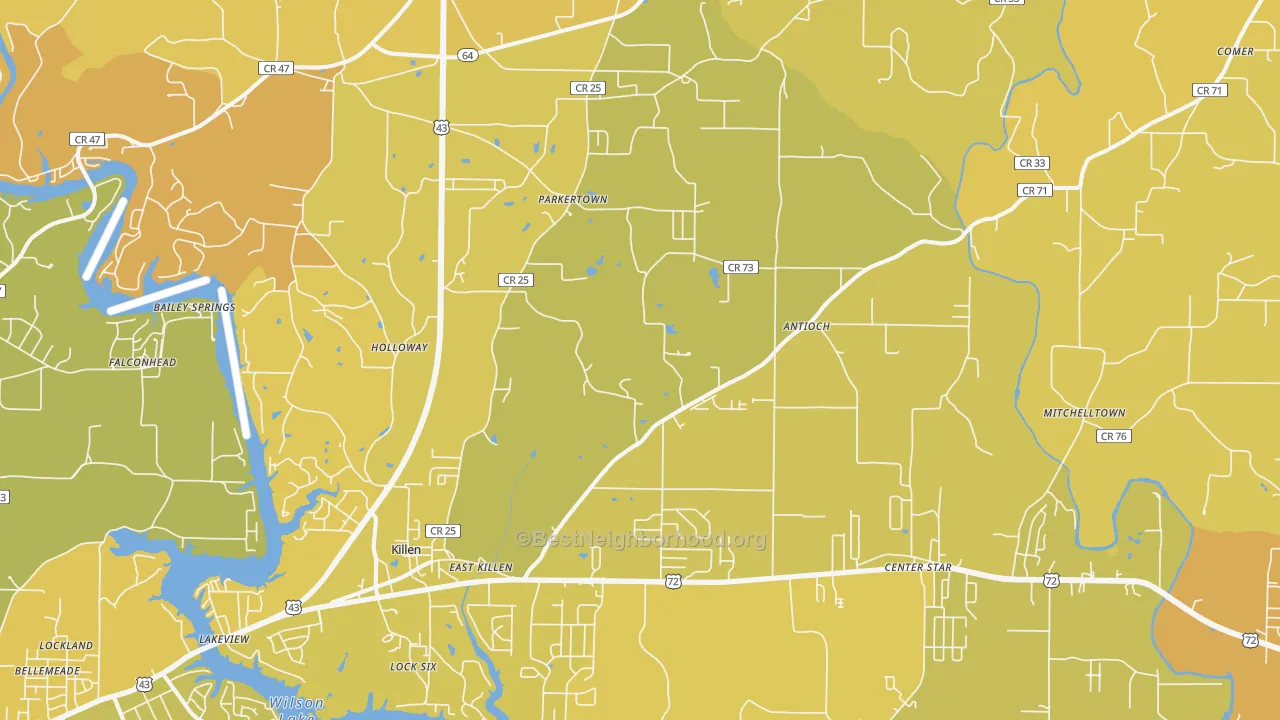 Map of the best neighborhoods in the 35645 area, with better matches in green and worse matches in red