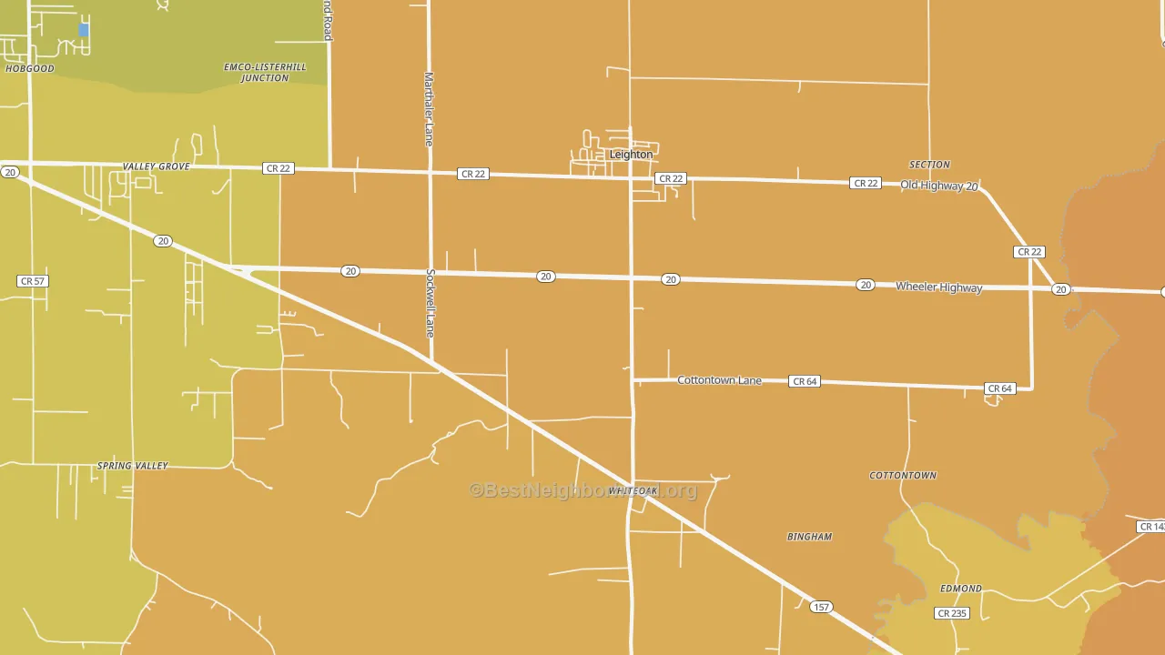 Map of the best neighborhoods in the 35646 area, with better matches in green and worse matches in red