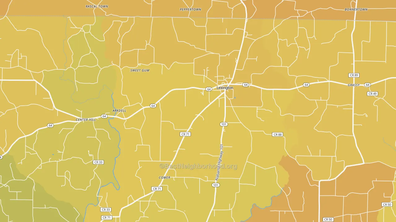 Map of the best neighborhoods in the 35648 area, with better matches in green and worse matches in red