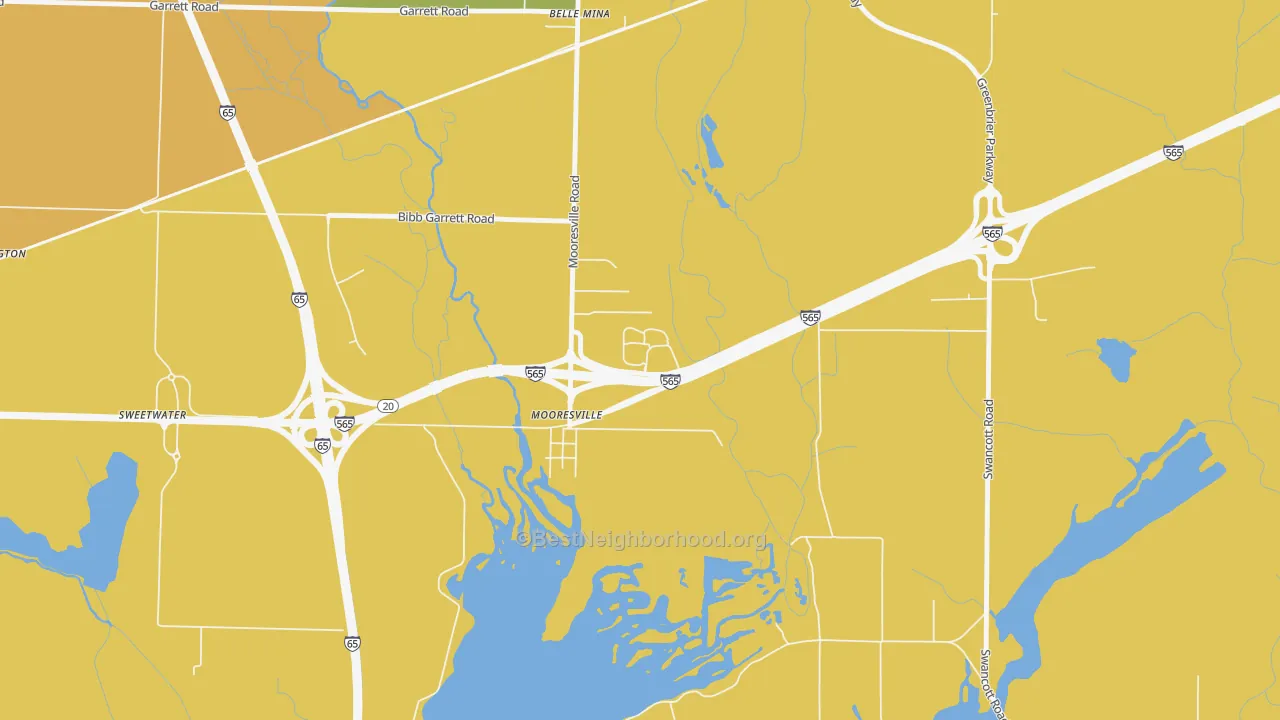 Map of the best neighborhoods in the 35649 area, with better matches in green and worse matches in red