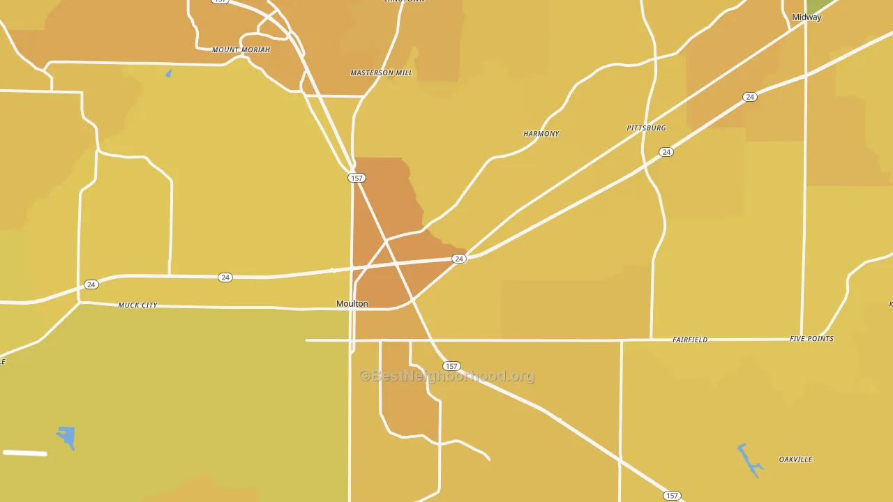 Map of the best neighborhoods in the 35650 area, with better matches in green and worse matches in red