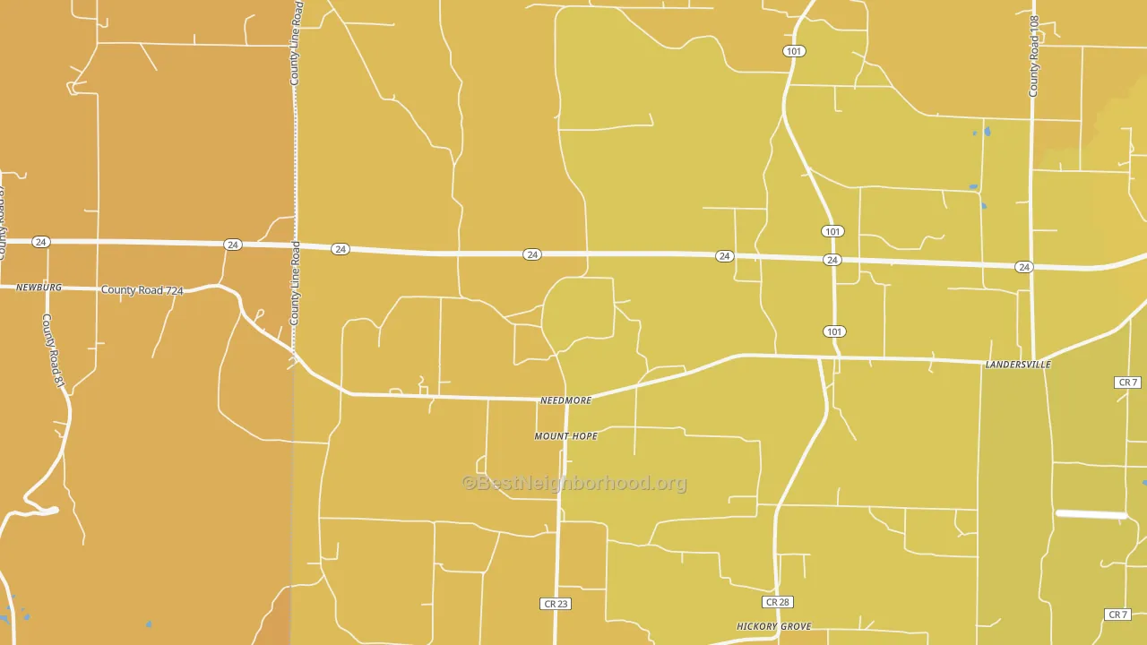 Map of the best neighborhoods in the 35651 area, with better matches in green and worse matches in red