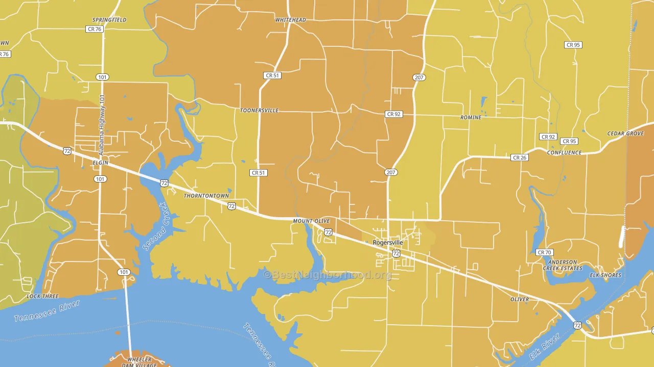 Map of the best neighborhoods in the 35652 area, with better matches in green and worse matches in red