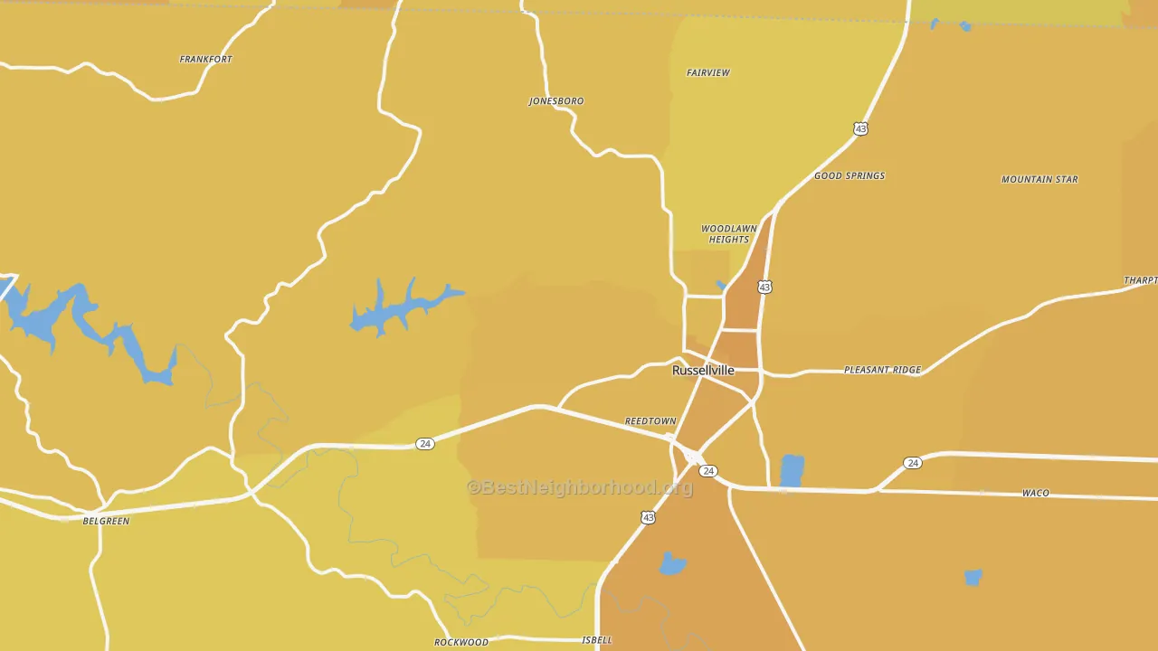 Map of the best neighborhoods in the 35653 area, with better matches in green and worse matches in red