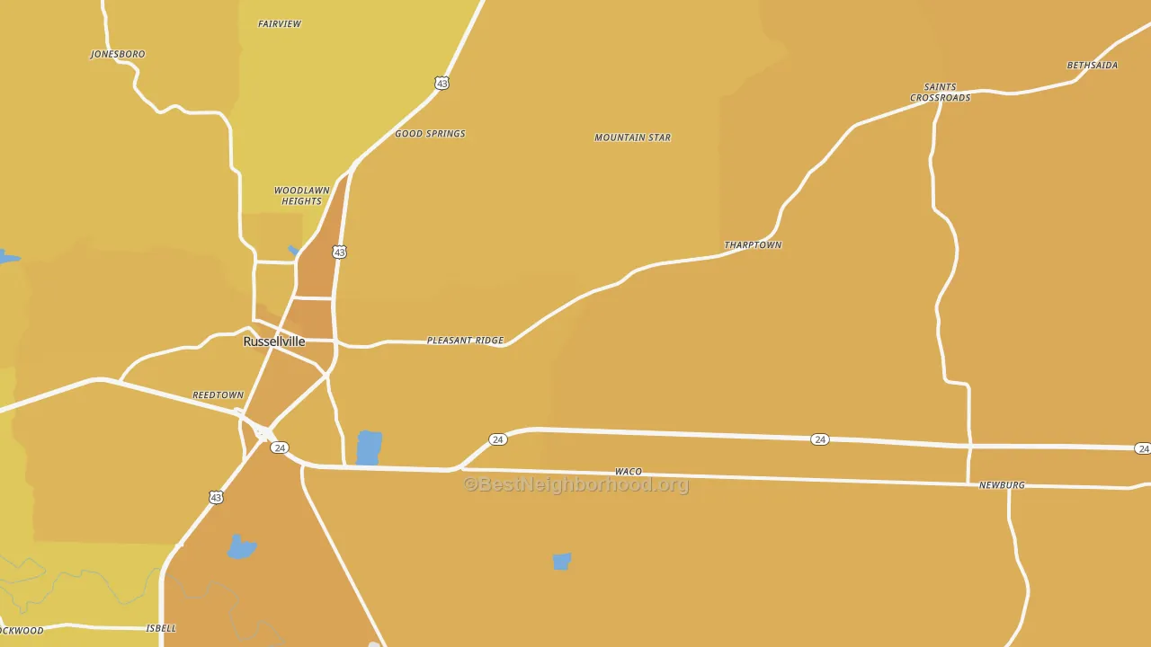 Map of the best neighborhoods in the 35654 area, with better matches in green and worse matches in red
