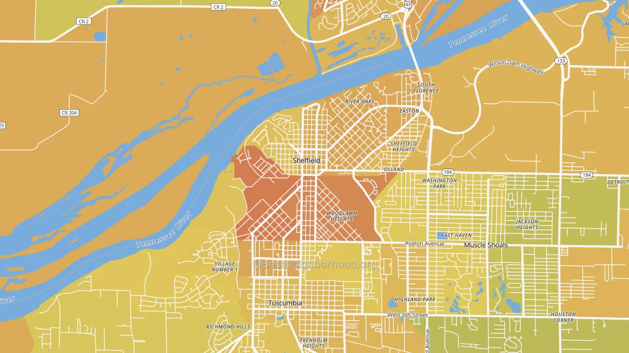 Map of the best neighborhoods in the 35660 area, with better matches in green and worse matches in red