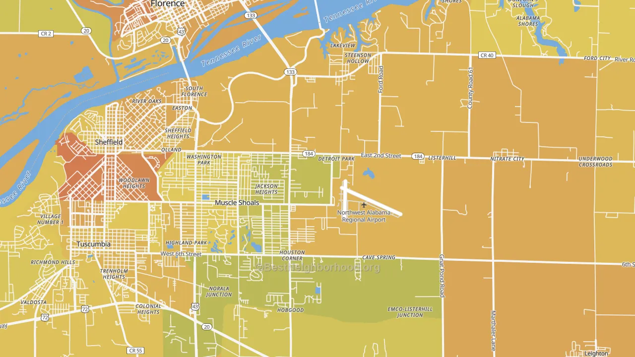 Map of the best neighborhoods in the 35661 area, with better matches in green and worse matches in red