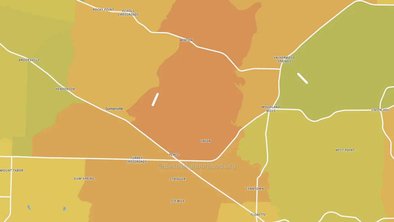 Map of the best neighborhoods in the 35670 area, with better matches in green and worse matches in red