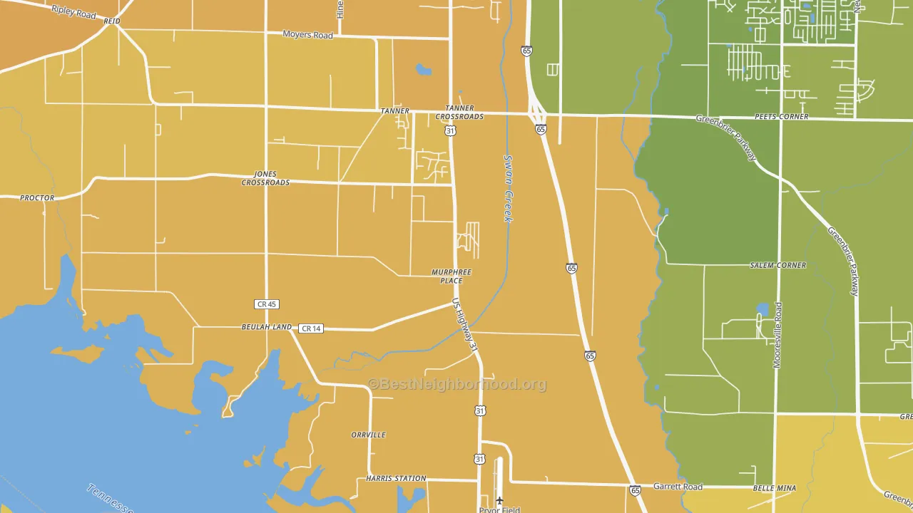 Map of the best neighborhoods in the 35671 area, with better matches in green and worse matches in red