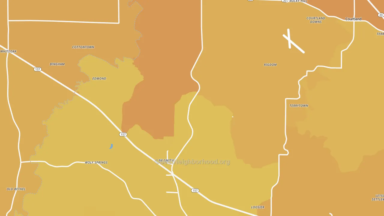 Map of the best neighborhoods in the 35672 area, with better matches in green and worse matches in red