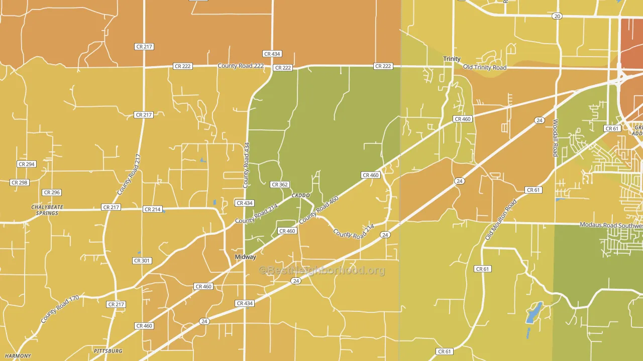 Map of the best neighborhoods in the 35673 area, with better matches in green and worse matches in red