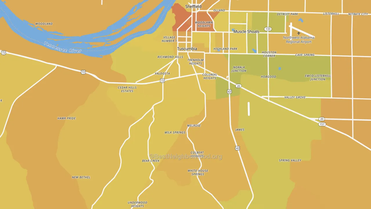 Map of the best neighborhoods in the 35674 area, with better matches in green and worse matches in red
