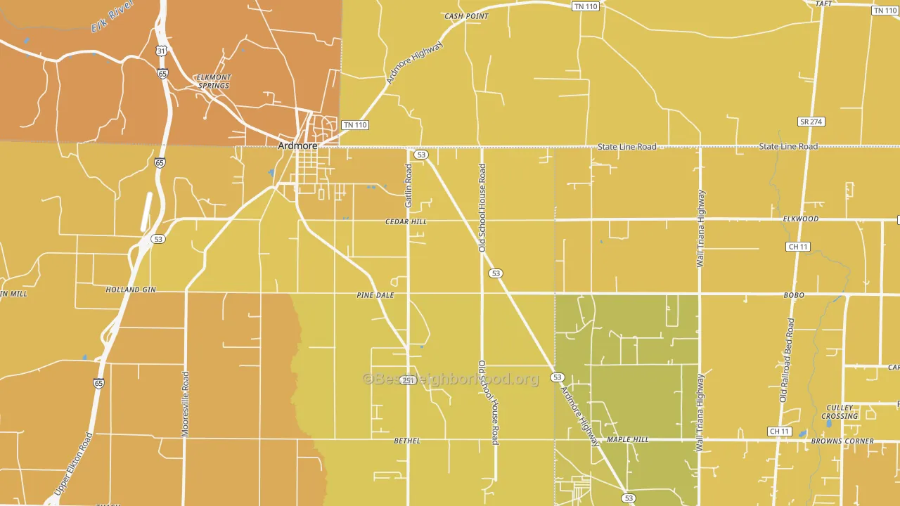 Map of the best neighborhoods in the 35739 area, with better matches in green and worse matches in red