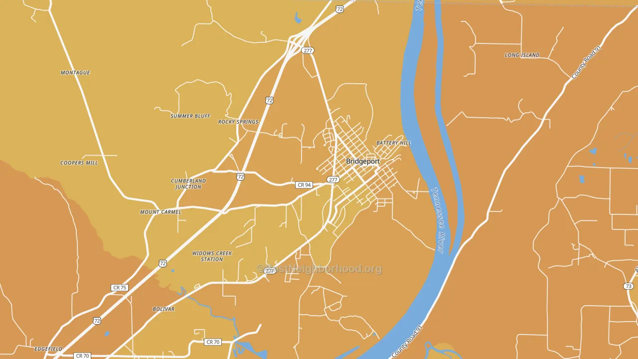Map of the best neighborhoods in the 35740 area, with better matches in green and worse matches in red