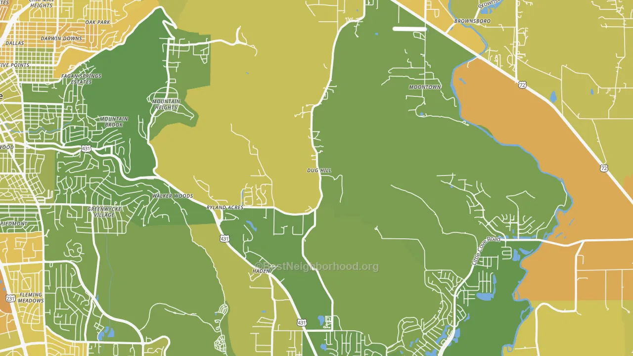 Map of the best neighborhoods in the 35741 area, with better matches in green and worse matches in red