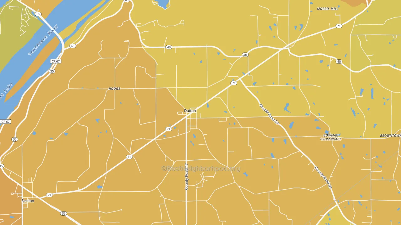 Map of the best neighborhoods in the 35744 area, with better matches in green and worse matches in red