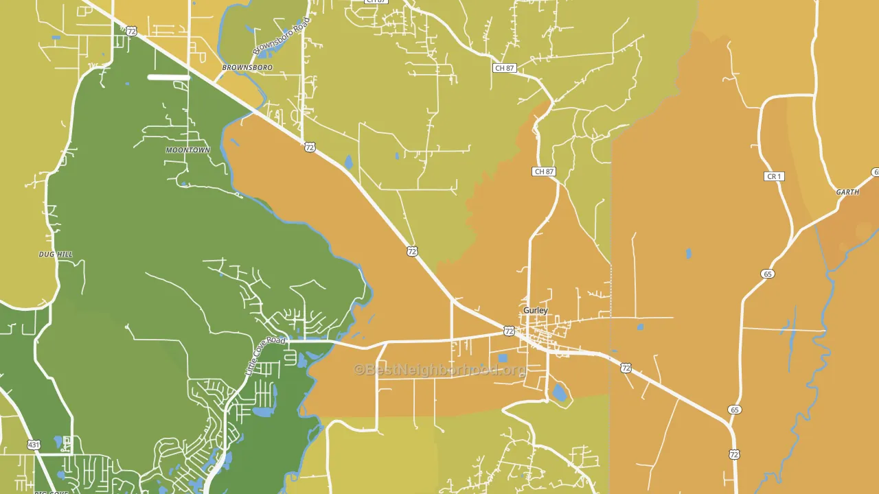 Map of the best neighborhoods in the 35748 area, with better matches in green and worse matches in red