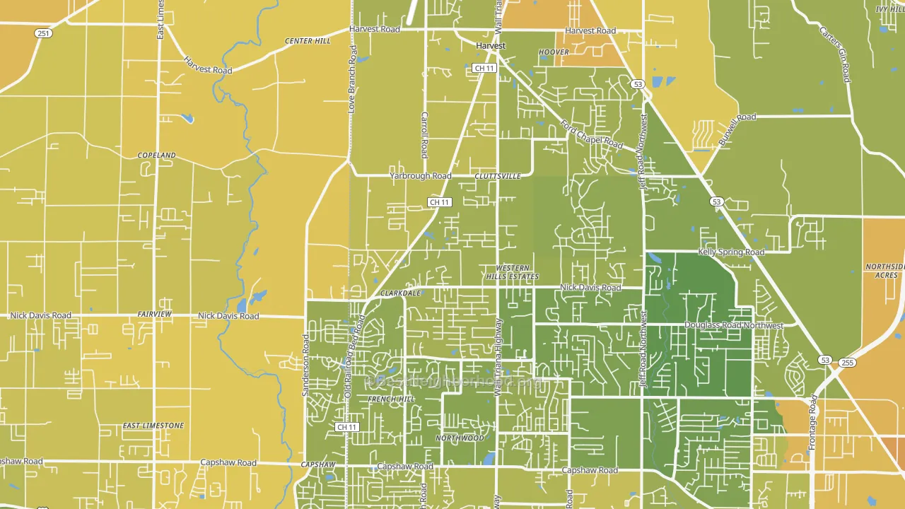 Map of the best neighborhoods in the 35749 area, with better matches in green and worse matches in red