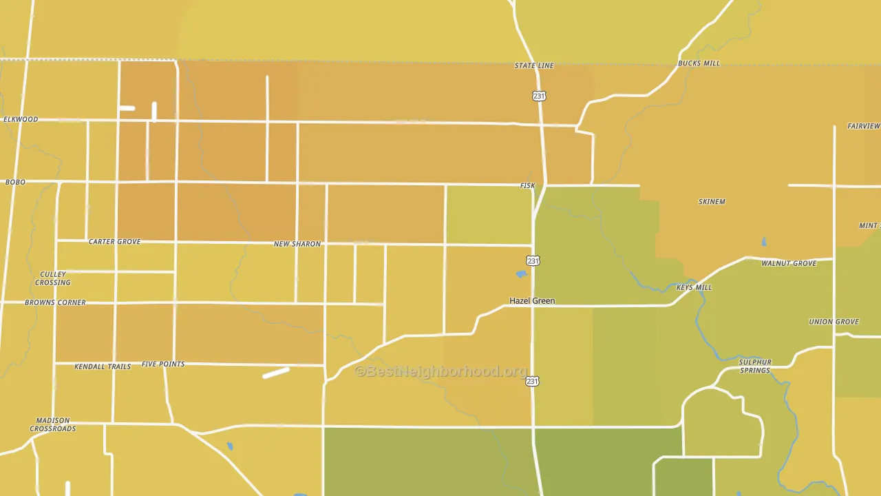 Map of the best neighborhoods in the 35750 area, with better matches in green and worse matches in red