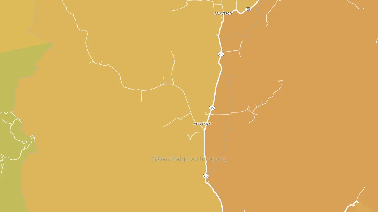 Map of the best neighborhoods in the 35751 area, with better matches in green and worse matches in red