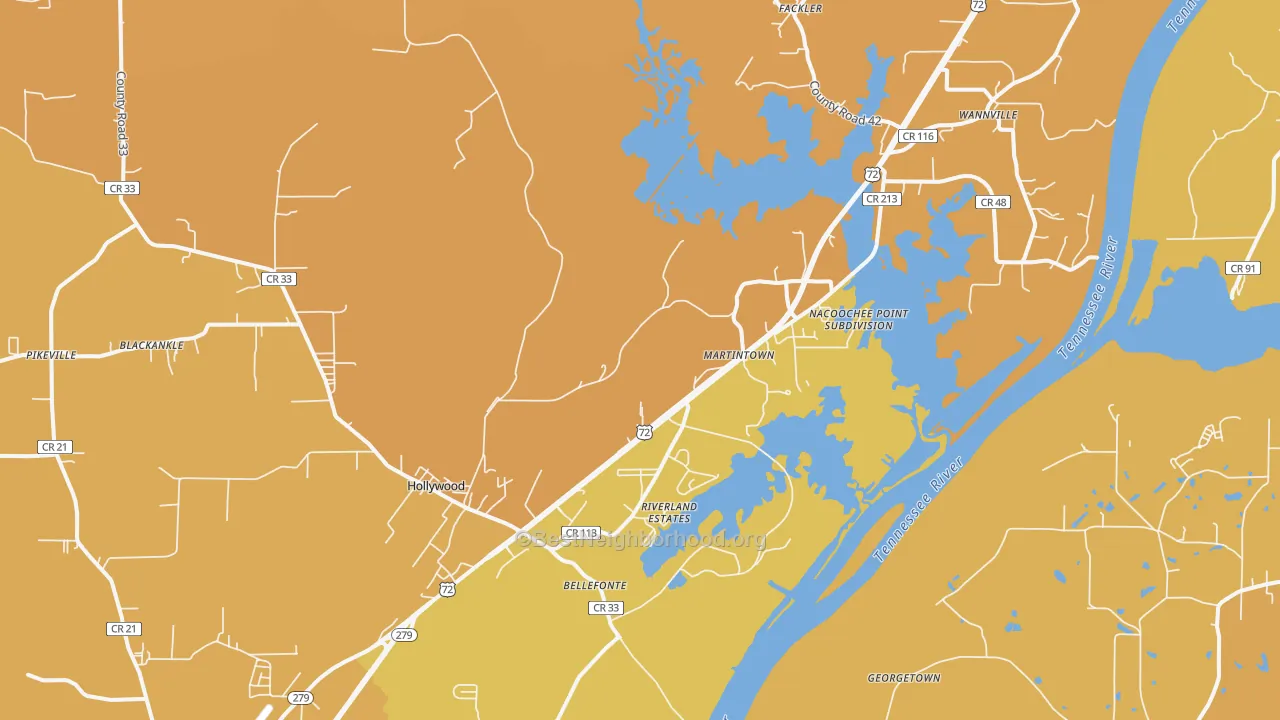 Map of the best neighborhoods in the 35752 area, with better matches in green and worse matches in red