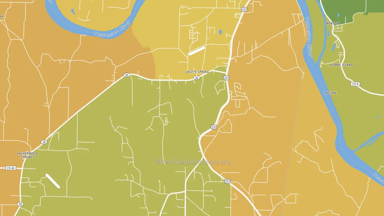 Map of the best neighborhoods in the 35754 area, with better matches in green and worse matches in red