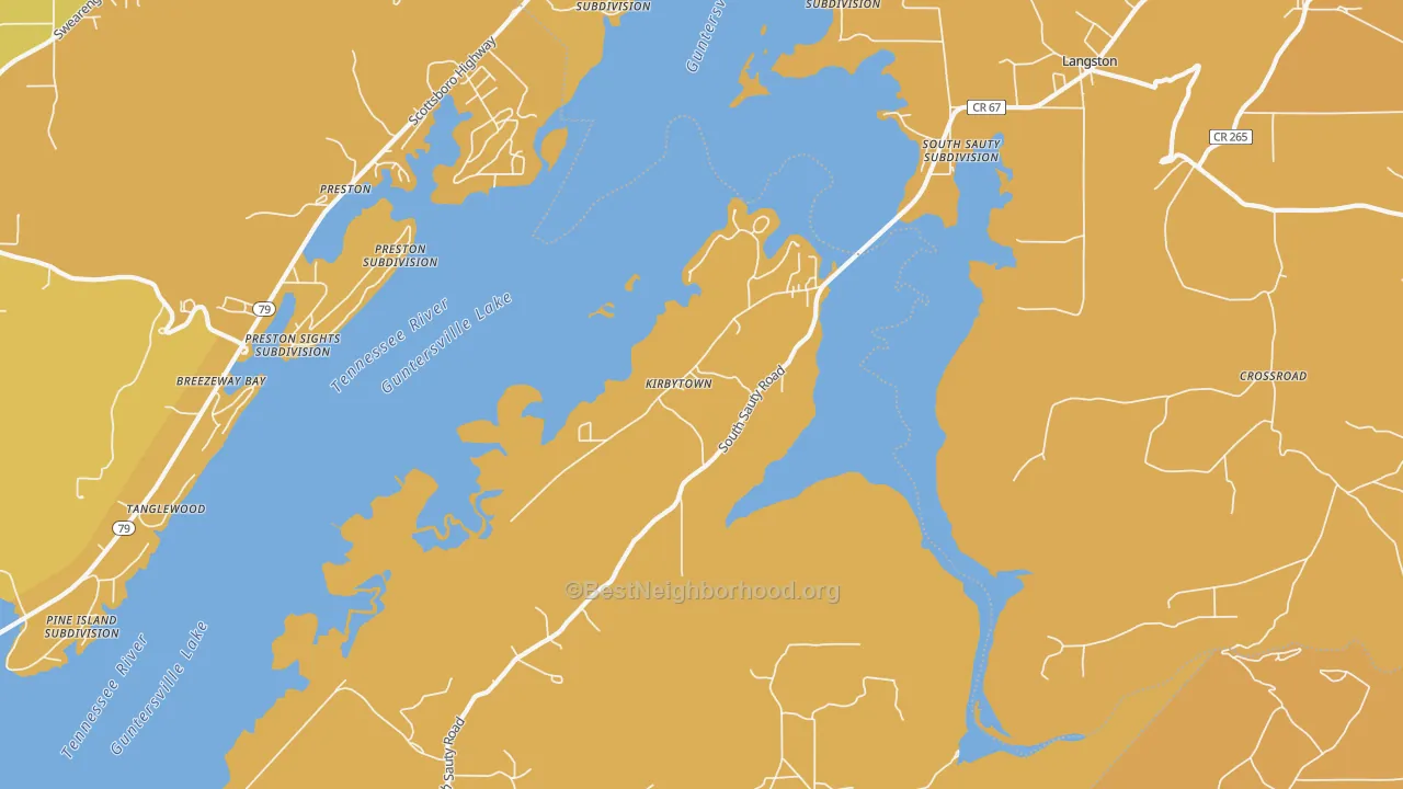 Map of the best neighborhoods in the 35755 area, with better matches in green and worse matches in red