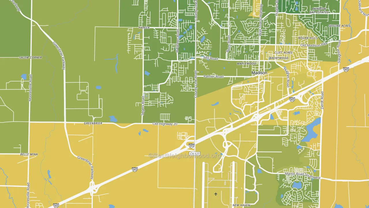 Map of the best neighborhoods in the 35756 area, with better matches in green and worse matches in red