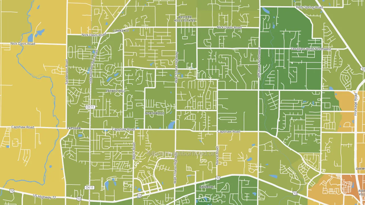Map of the best neighborhoods in the 35757 area, with better matches in green and worse matches in red