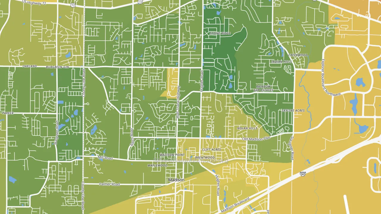 Map of the best neighborhoods in the 35758 area, with better matches in green and worse matches in red