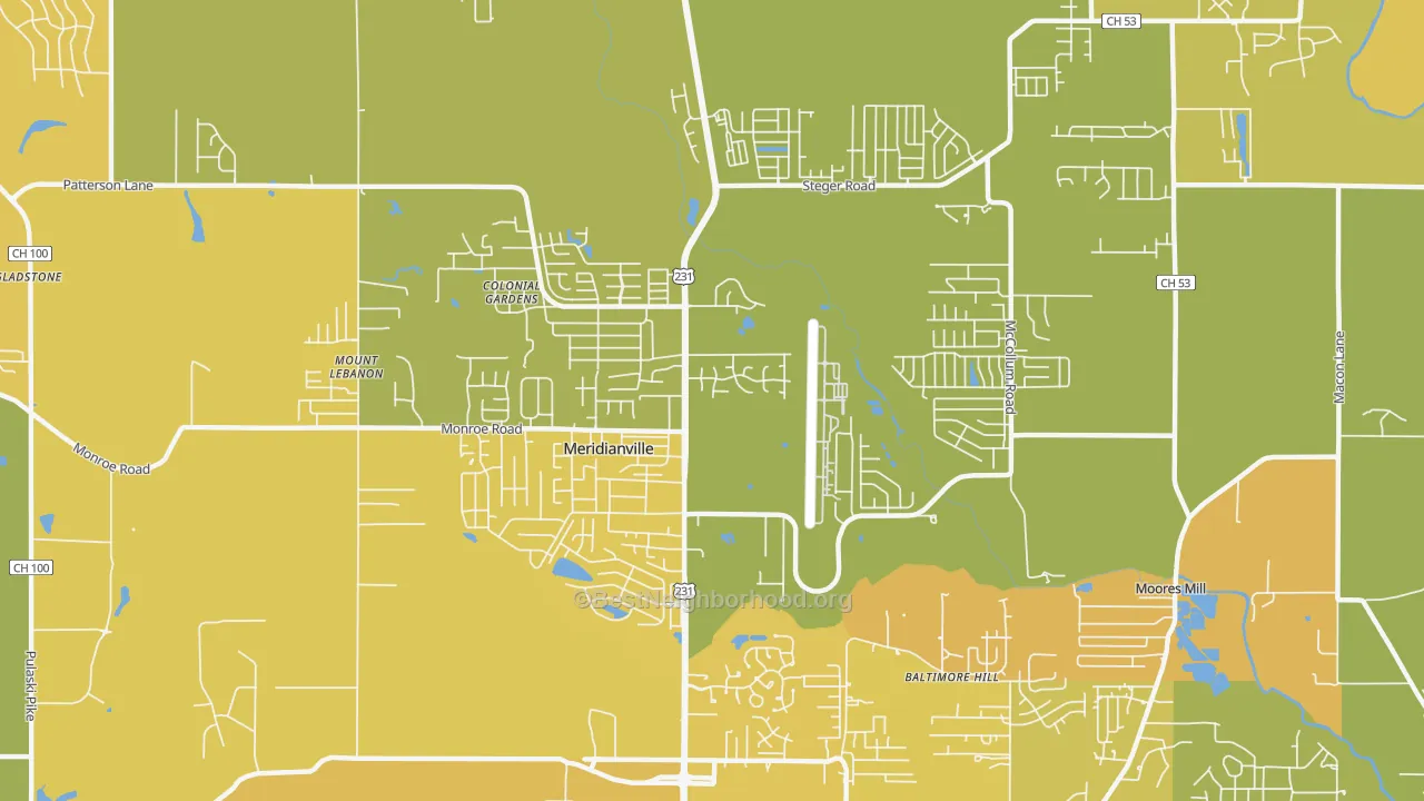 Map of the best neighborhoods in the 35759 area, with better matches in green and worse matches in red