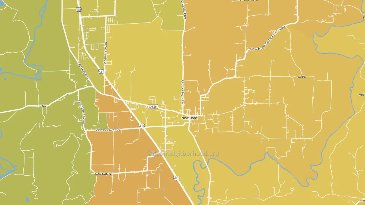 Map of the best neighborhoods in the 35760 area, with better matches in green and worse matches in red