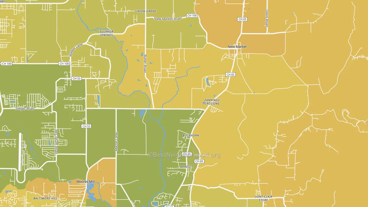 Map of the best neighborhoods in the 35761 area, with better matches in green and worse matches in red