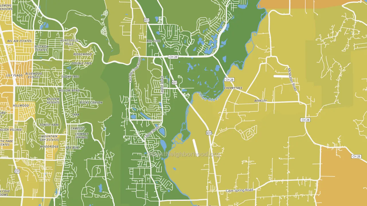 Map of the best neighborhoods in the 35763 area, with better matches in green and worse matches in red