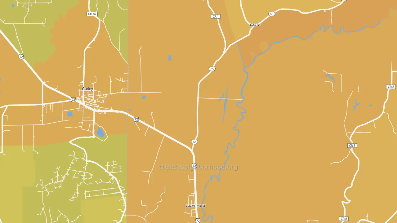 Map of the best neighborhoods in the 35764 area, with better matches in green and worse matches in red