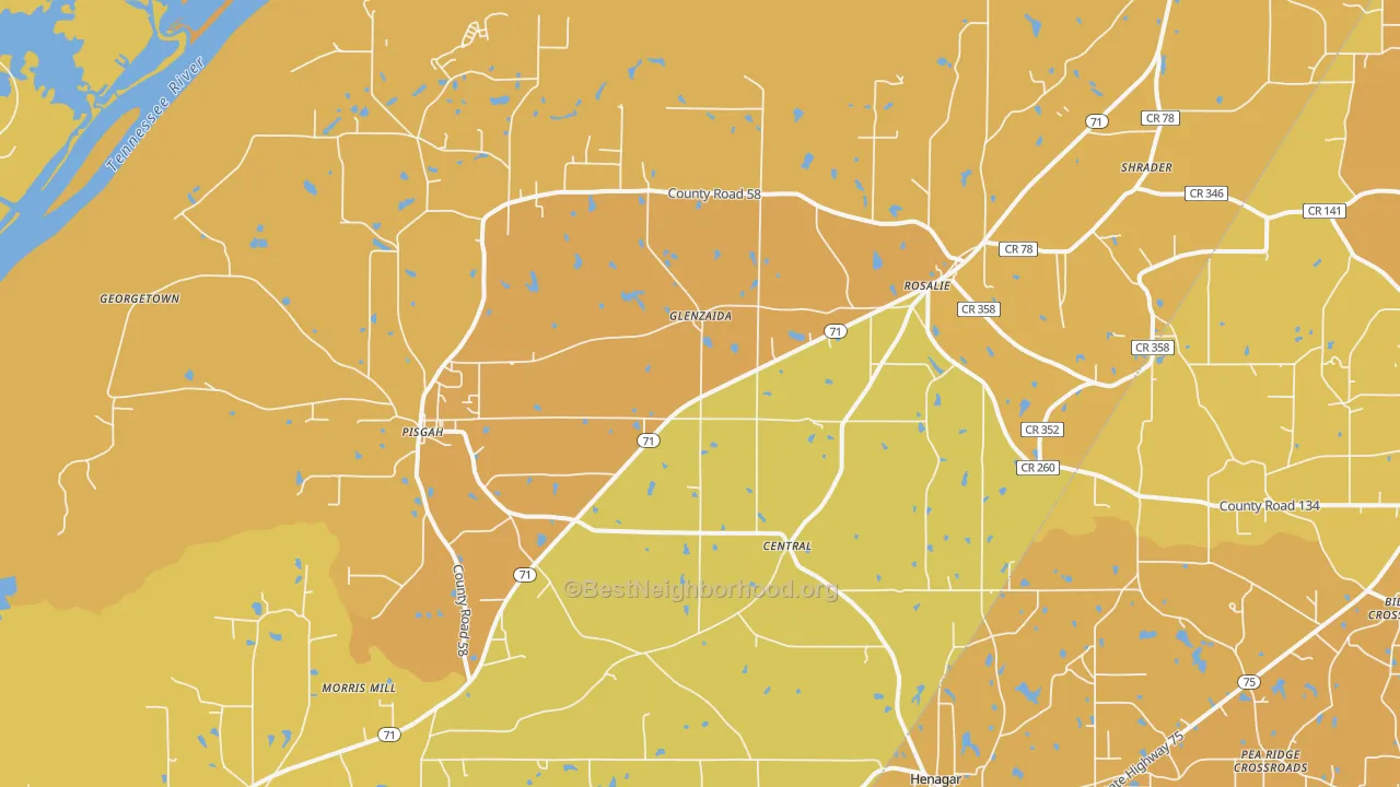 Map of the best neighborhoods in the 35765 area, with better matches in green and worse matches in red
