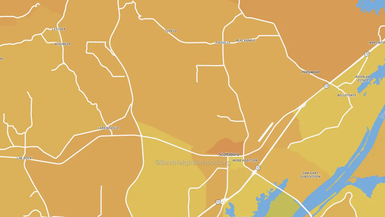 Map of the best neighborhoods in the 35768 area, with better matches in green and worse matches in red