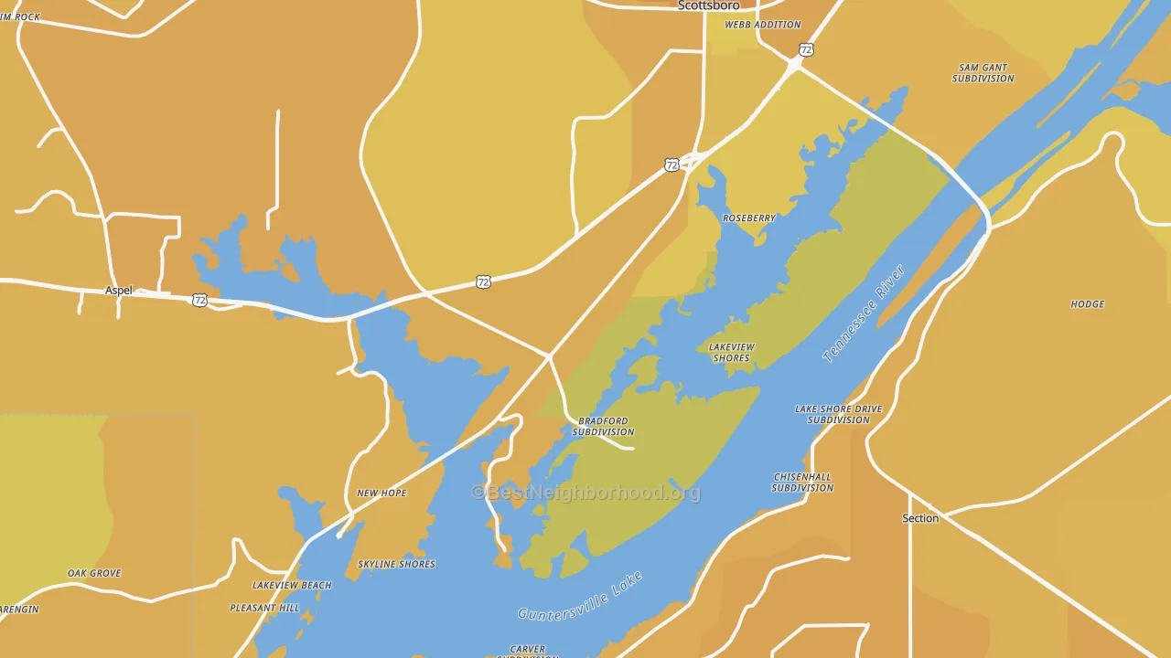 Map of the best neighborhoods in the 35769 area, with better matches in green and worse matches in red