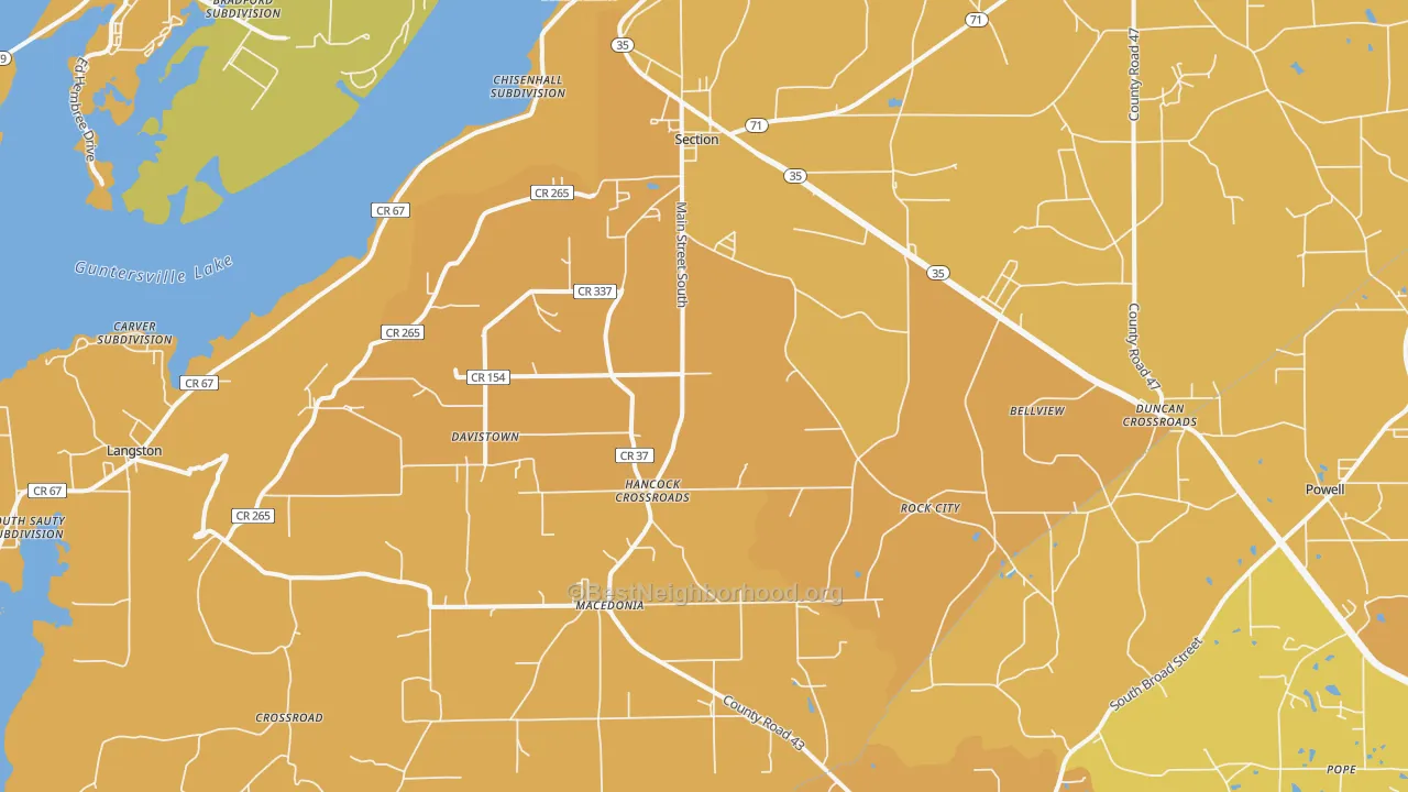 Map of the best neighborhoods in the 35771 area, with better matches in green and worse matches in red