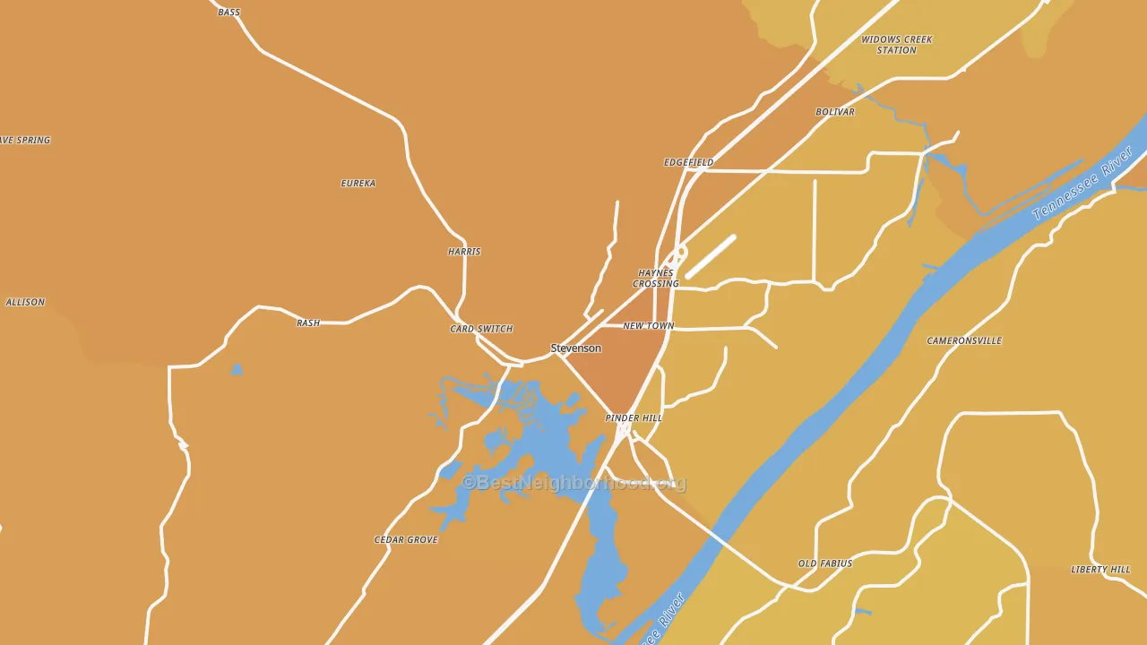 Map of the best neighborhoods in the 35772 area, with better matches in green and worse matches in red
