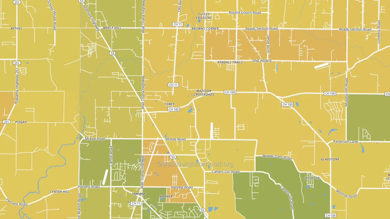 Map of the best neighborhoods in the 35773 area, with better matches in green and worse matches in red