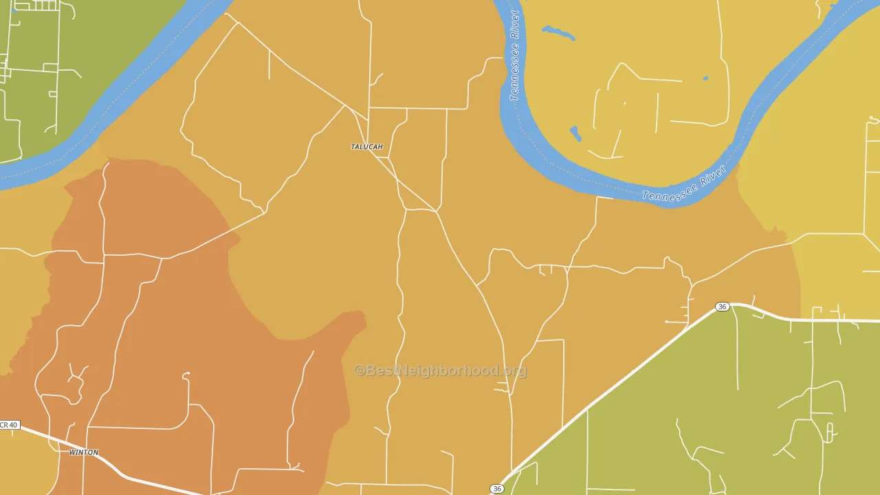 Map of the best neighborhoods in the 35775 area, with better matches in green and worse matches in red